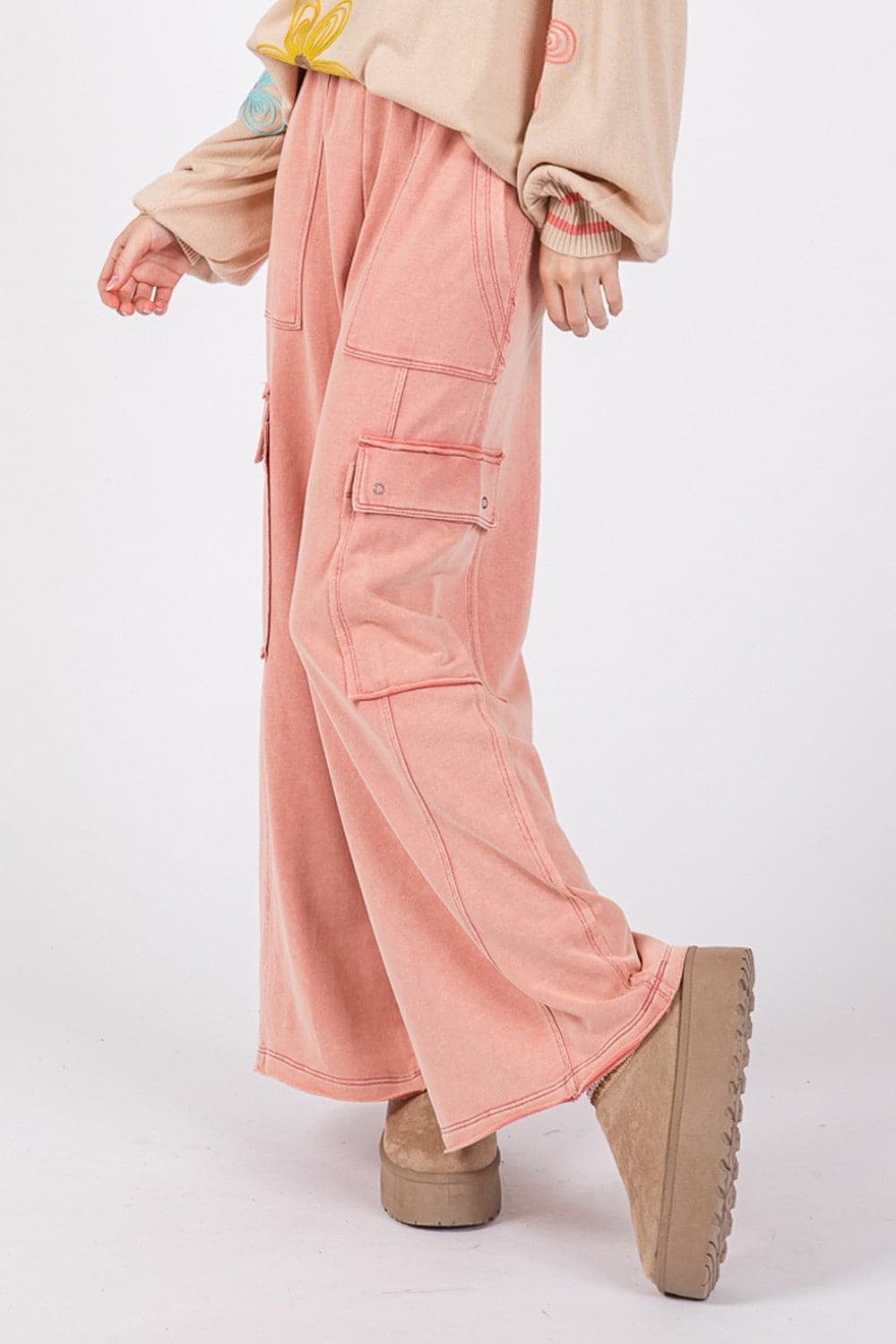 Cozy chic mineral wash wide leg knit terry pants