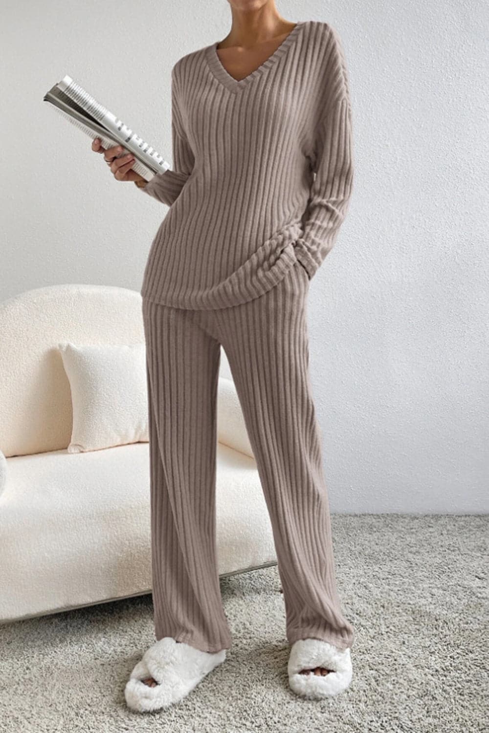 Ribbed V-Neck Top and Pants Set.