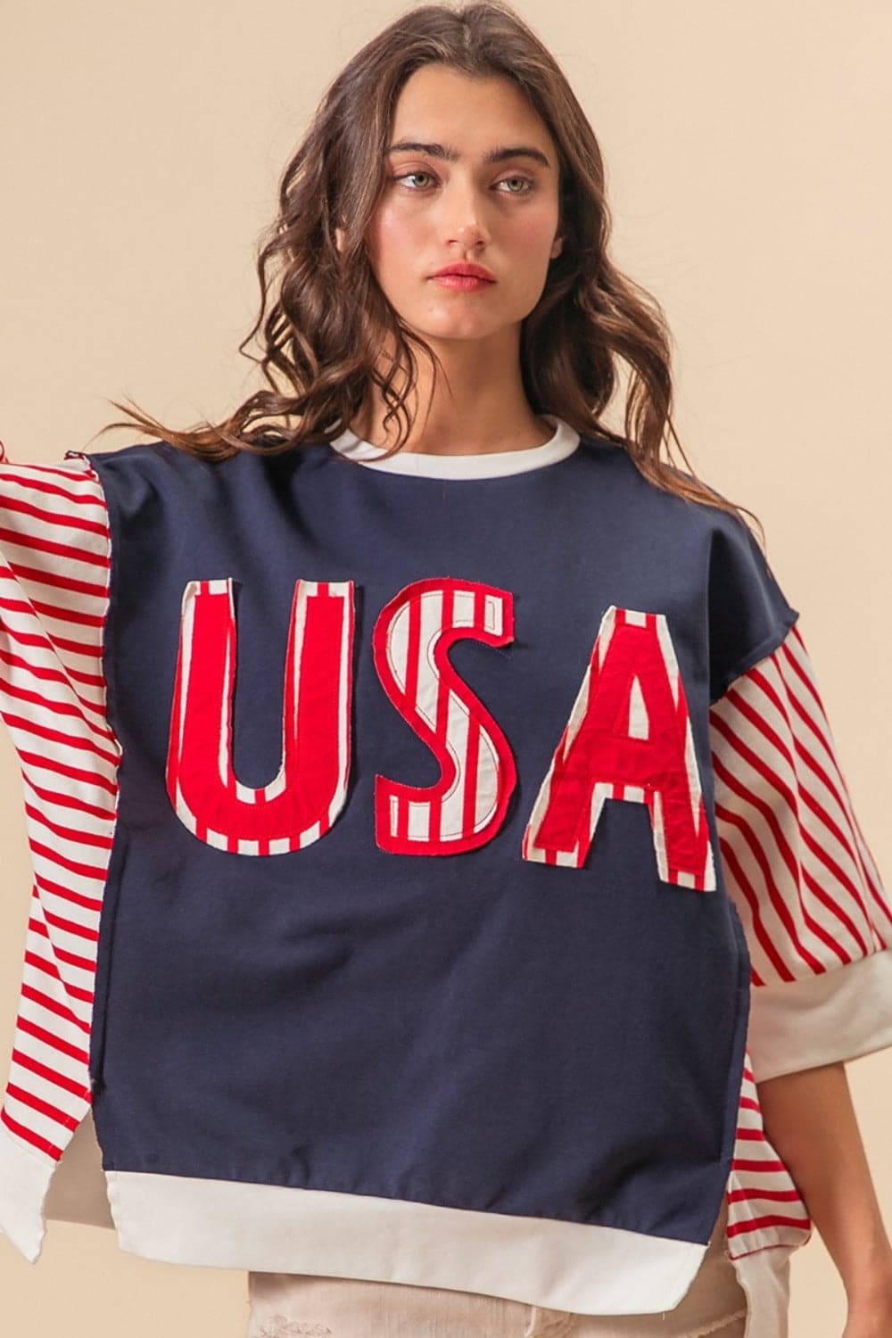 BiBi USA Letter Patchwork Contrast Short Sleeve T-Shirt.