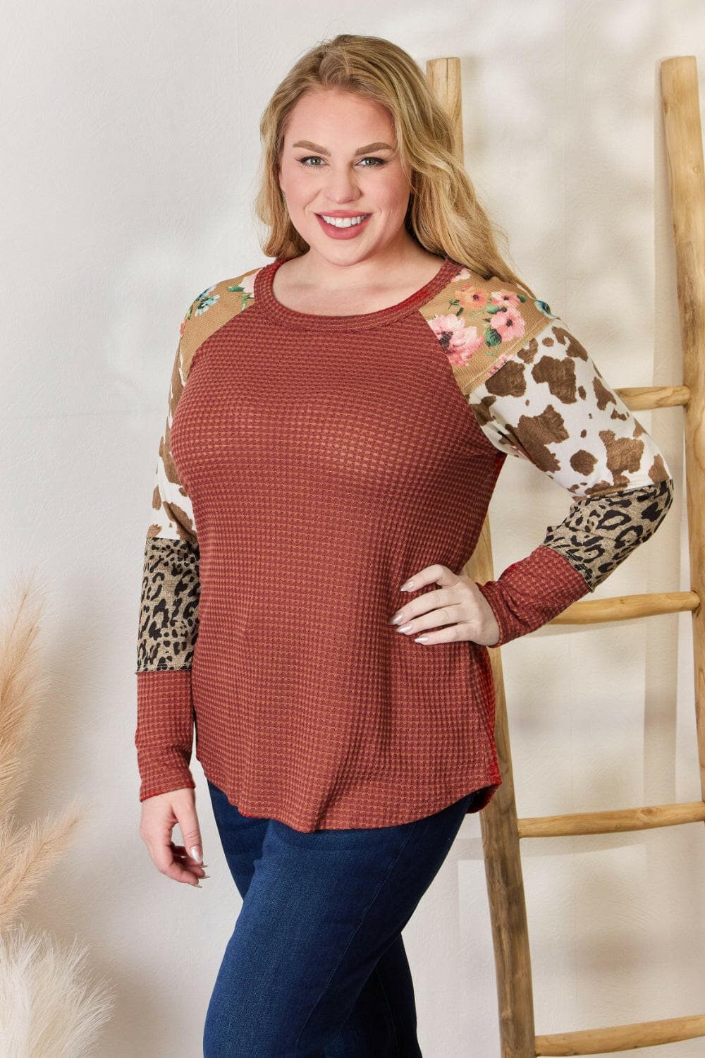 Hailey & Co Full Size Leopard Waffle-Knit Blouse.