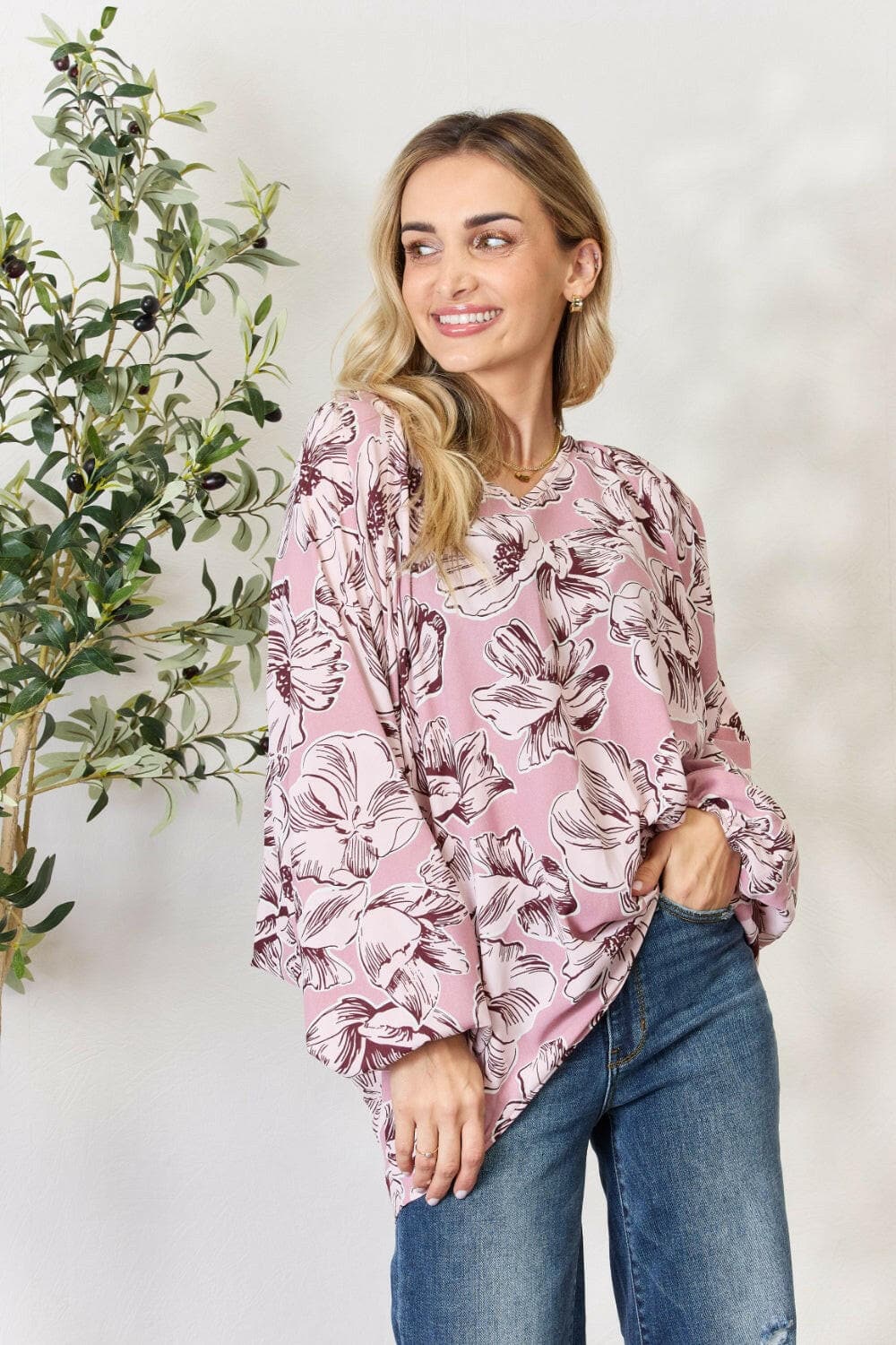 Heimish Full Size Floral V-Neck Balloon Sleeve Blouse.