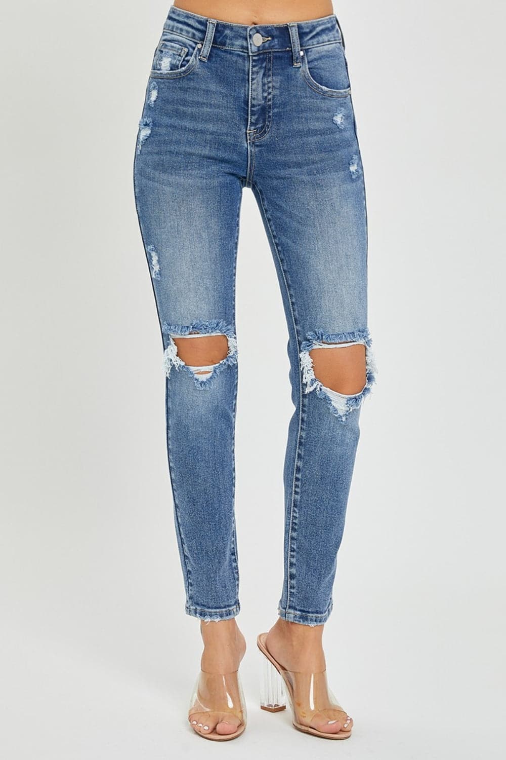 Risen Full Size High Rise Knee Distressed Skinny Jeans.