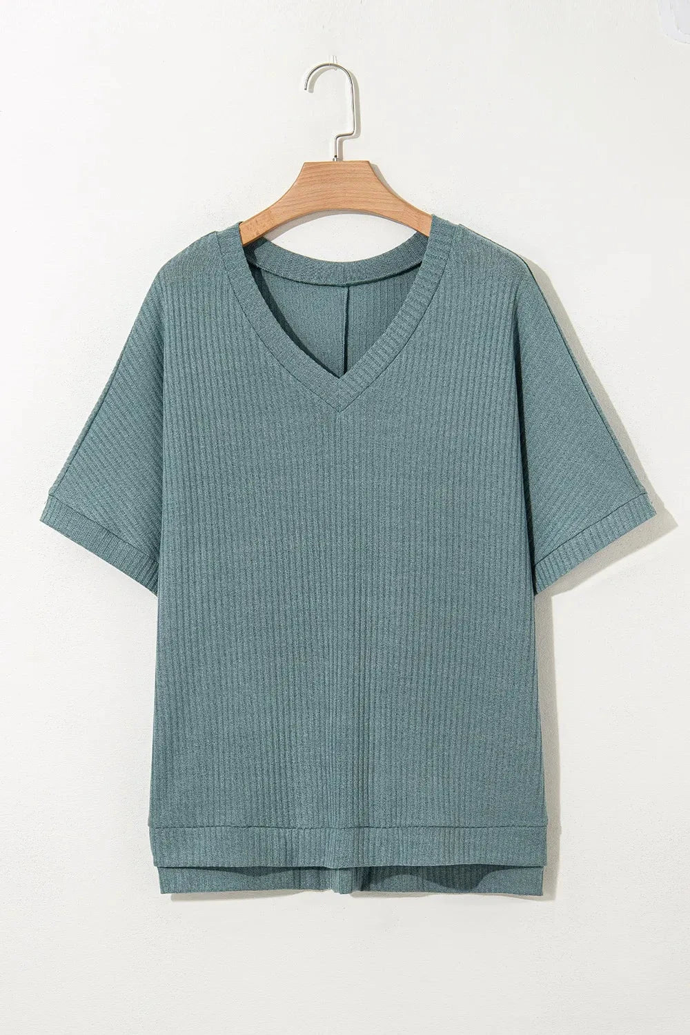 Oversized Ribbed Knit V Neck Dolman Short Sleeve Top Simply Love
