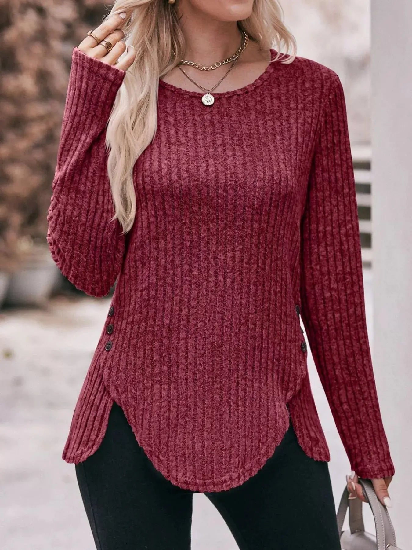 Ribbed Knit Long Sleeve T-Shirt Simply Love