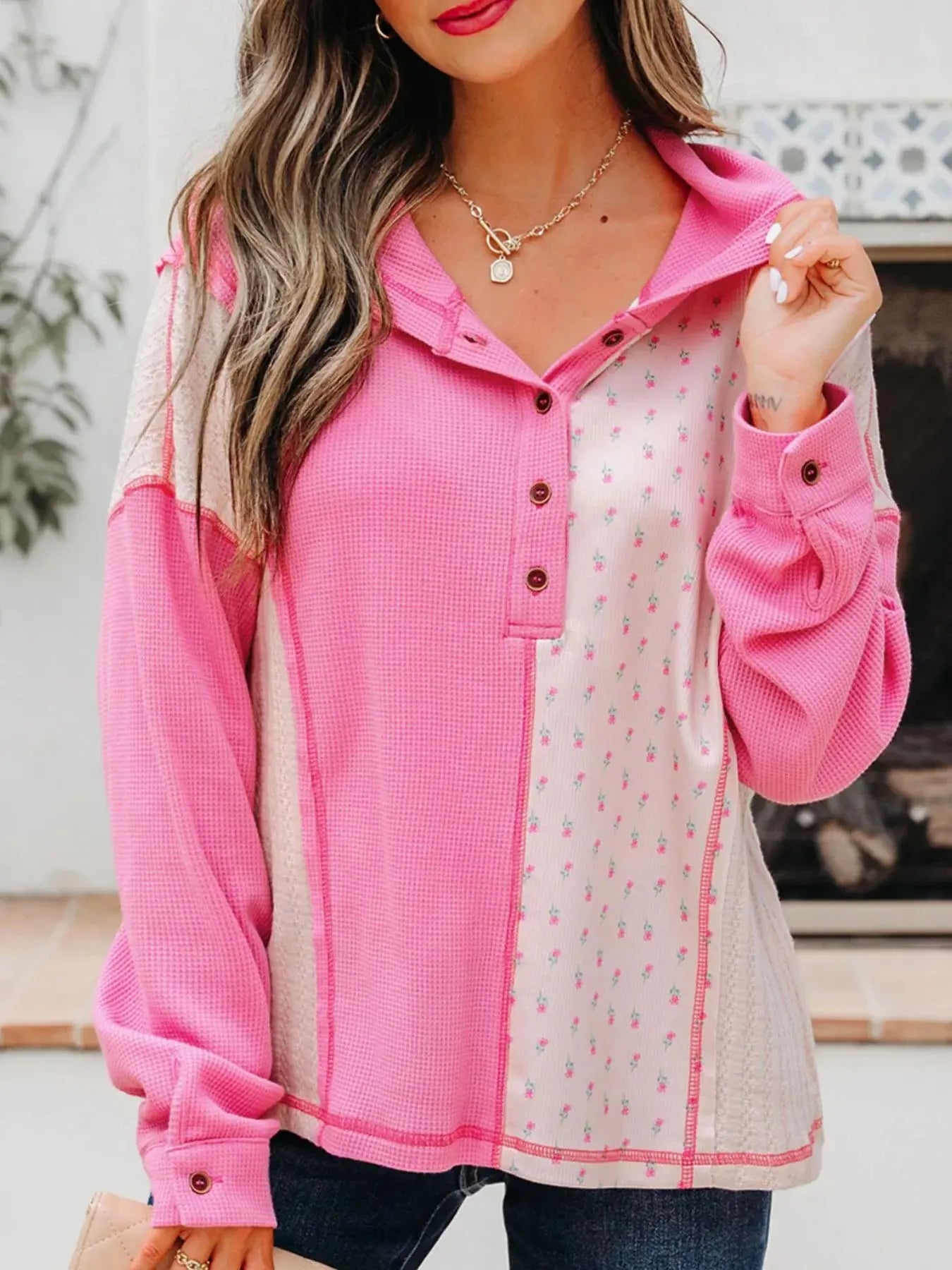 Mixed Texture Waffle Floral Patchwork Hooded Oversize Pullover Simply Love
