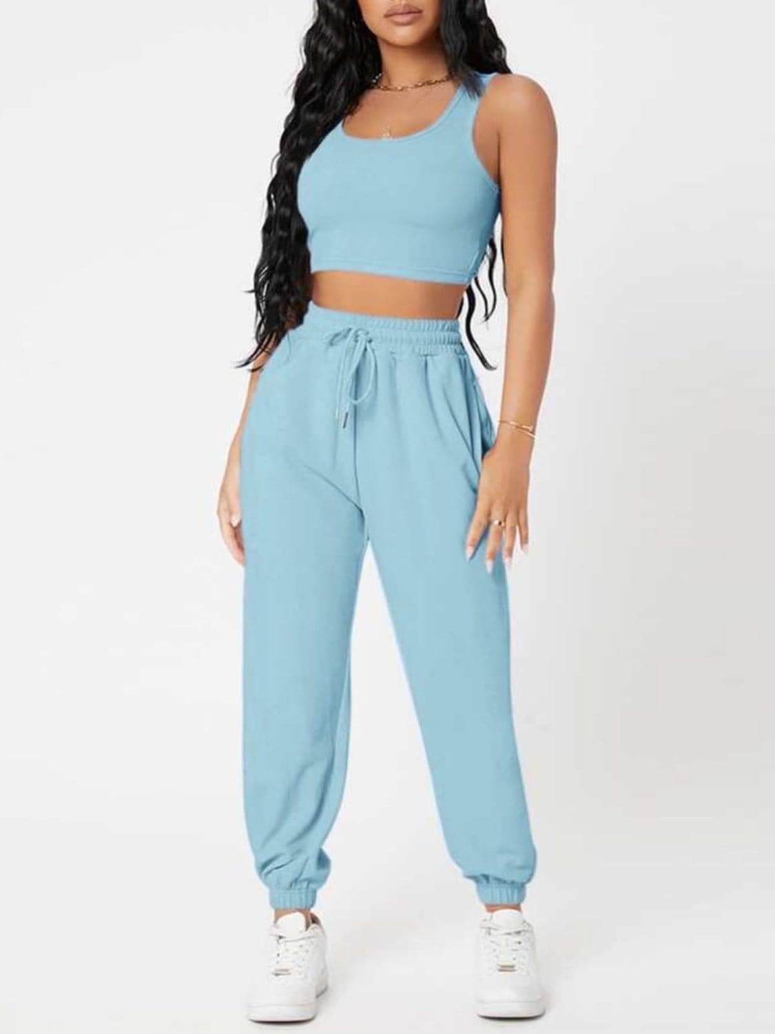 Wide Strap Top and Drawstring Joggers Set.