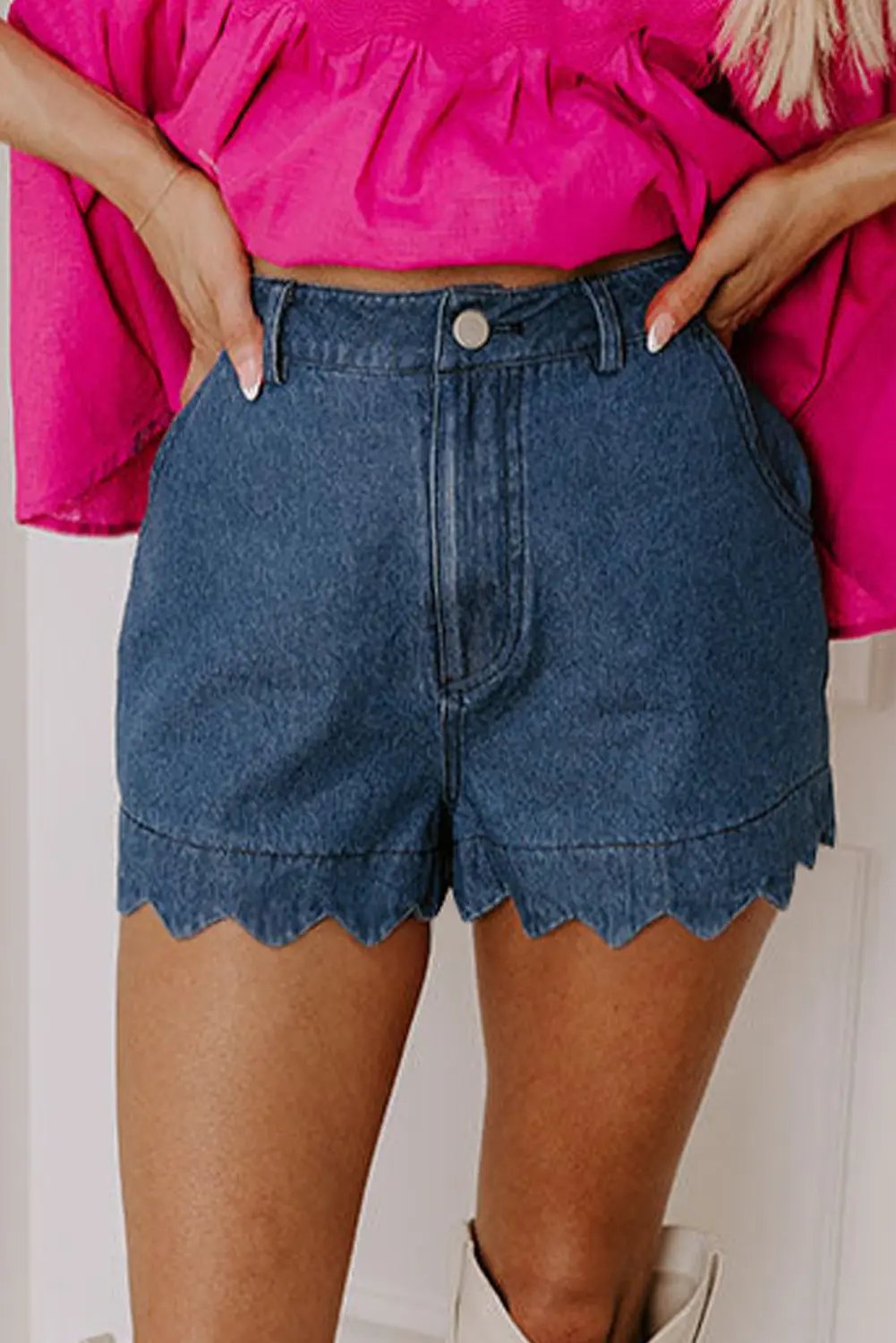 Sail Blue Scalloped Hemline Acid Wash High Waist Denim Shorts Love Salve
