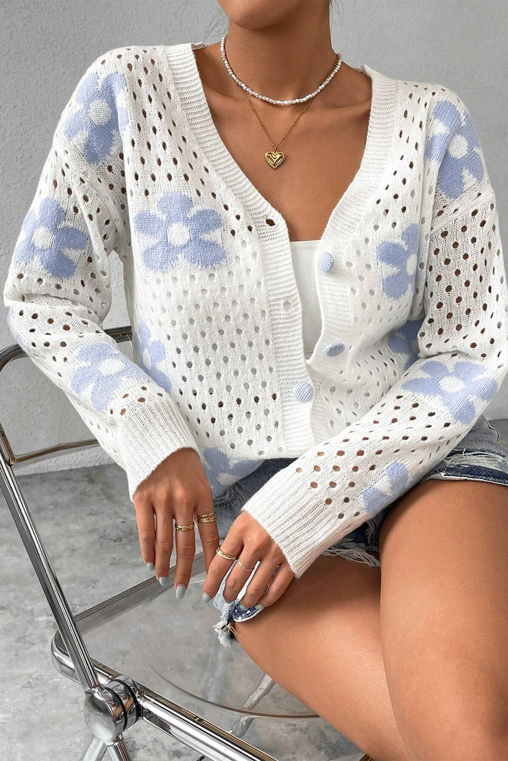 Floral Open Knit Short Cardigan in White