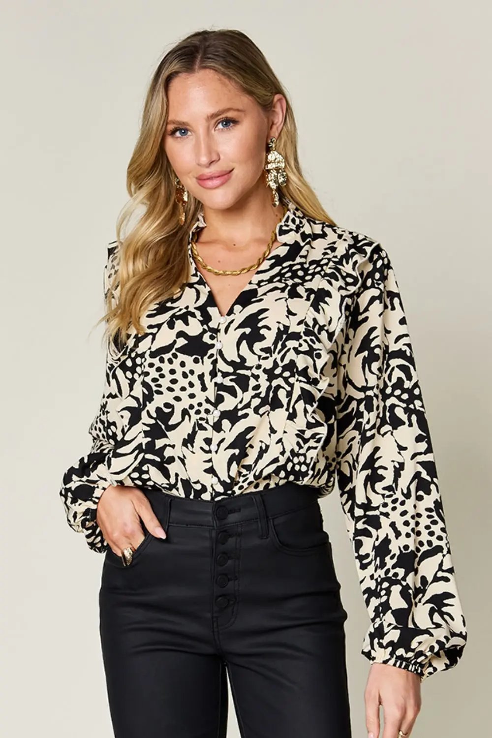 Double Take Full Size Printed Ruffle Trim Balloon Sleeve Shirt - Love Salve