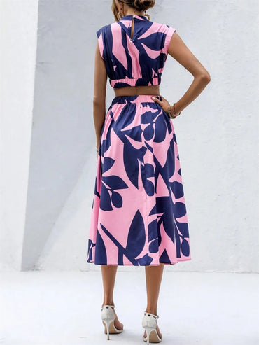 Tropical Cutout Cap Sleeve Midi Dress