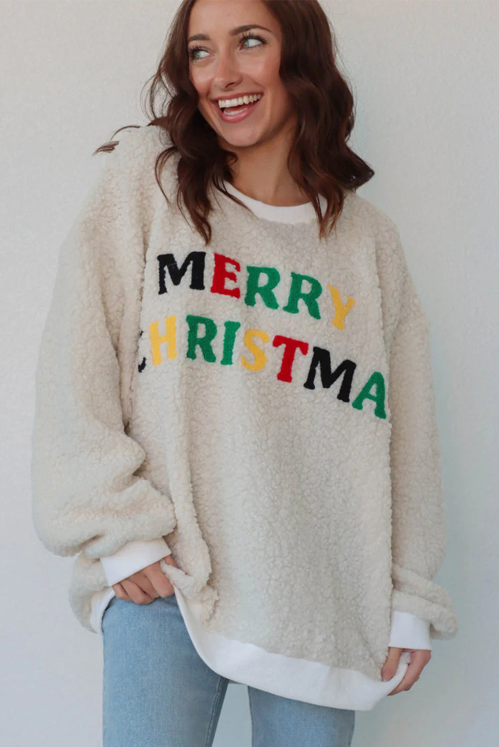 White MERRY CHRISTMAS Multicolor Embroidered Sherpa Pullover Sweatshirt Dear-Lover Dropshipping