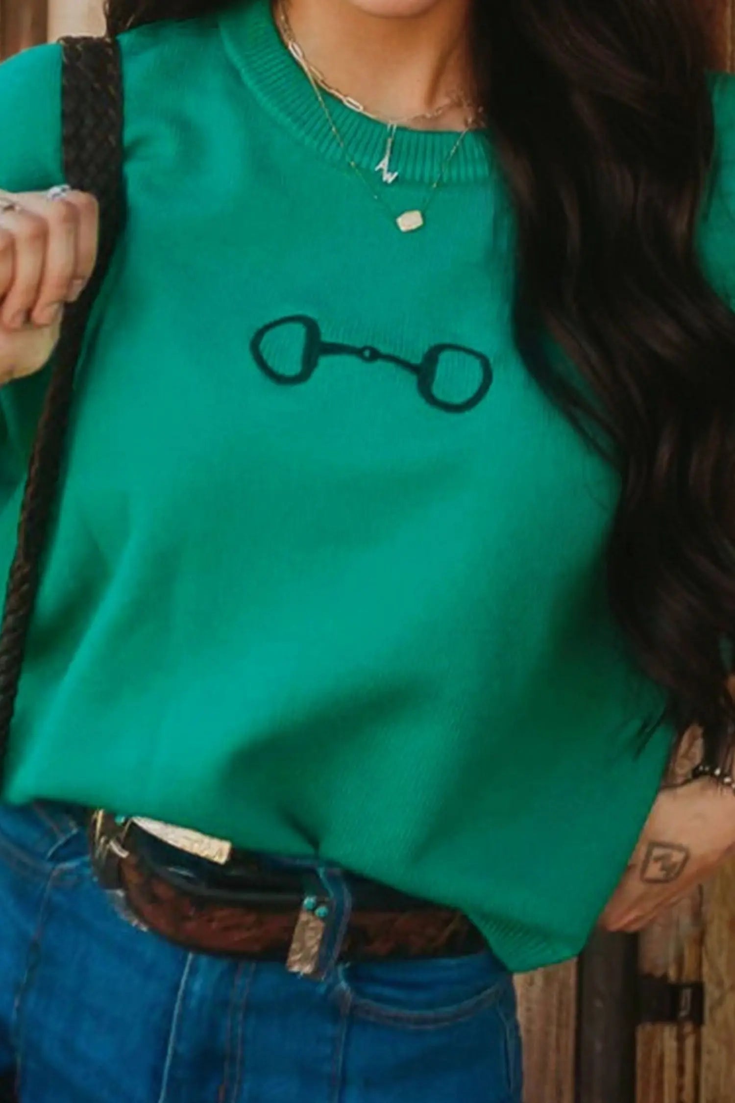 Bright Green Horse Bit Embroidered Loose Short Sleeve Sweater Dear-Lover Dropshipping