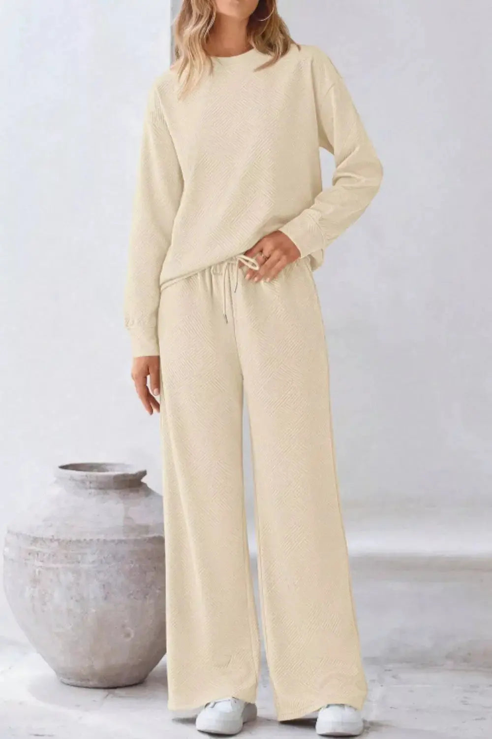 Round Neck Long Sleeve Top and Pants Set Simply Love