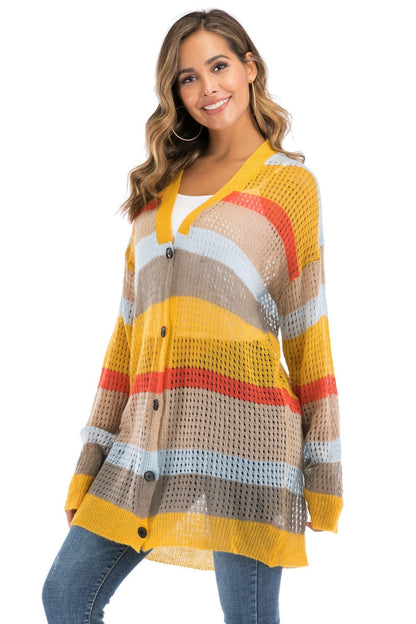 Color Block Openwork Long Sleeve Cardigan.