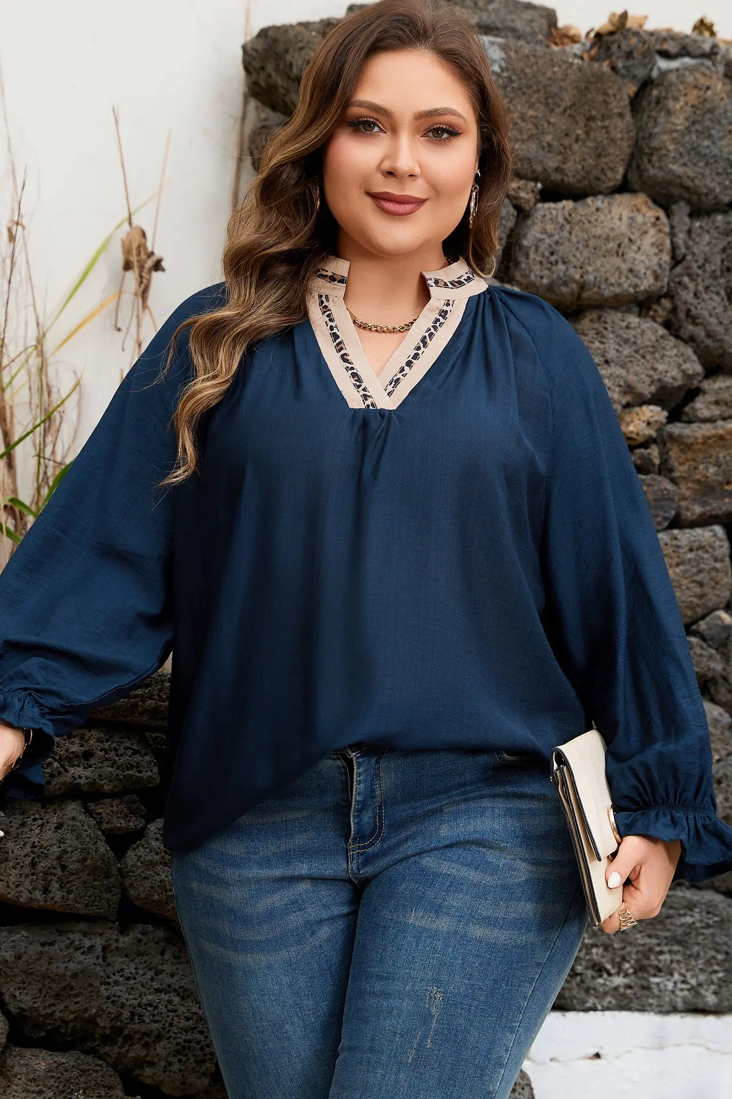 Navy Blue Patchwork Leopard Collar Plus Size Blouse With Flounce Sleeves Dear-Lover Dropshipping