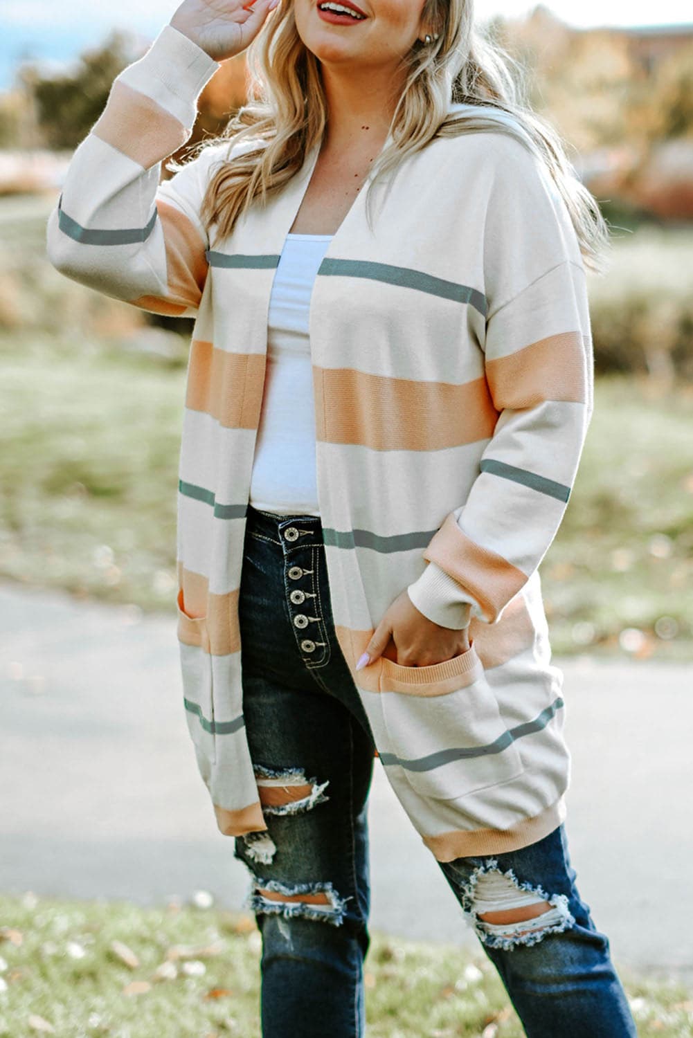 Plus Size Striped Open Front Cardigan.