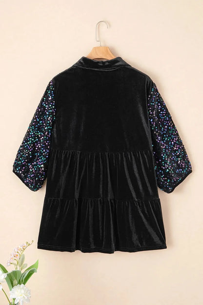 Sequin embellished collared oversized shirt with three-quarter sleeves