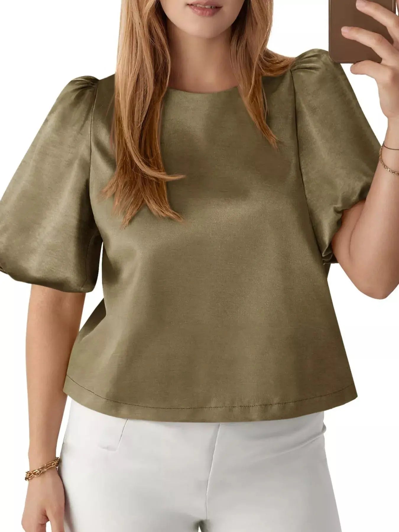 Round Neck Puff Sleeve Satin Top Simply Love