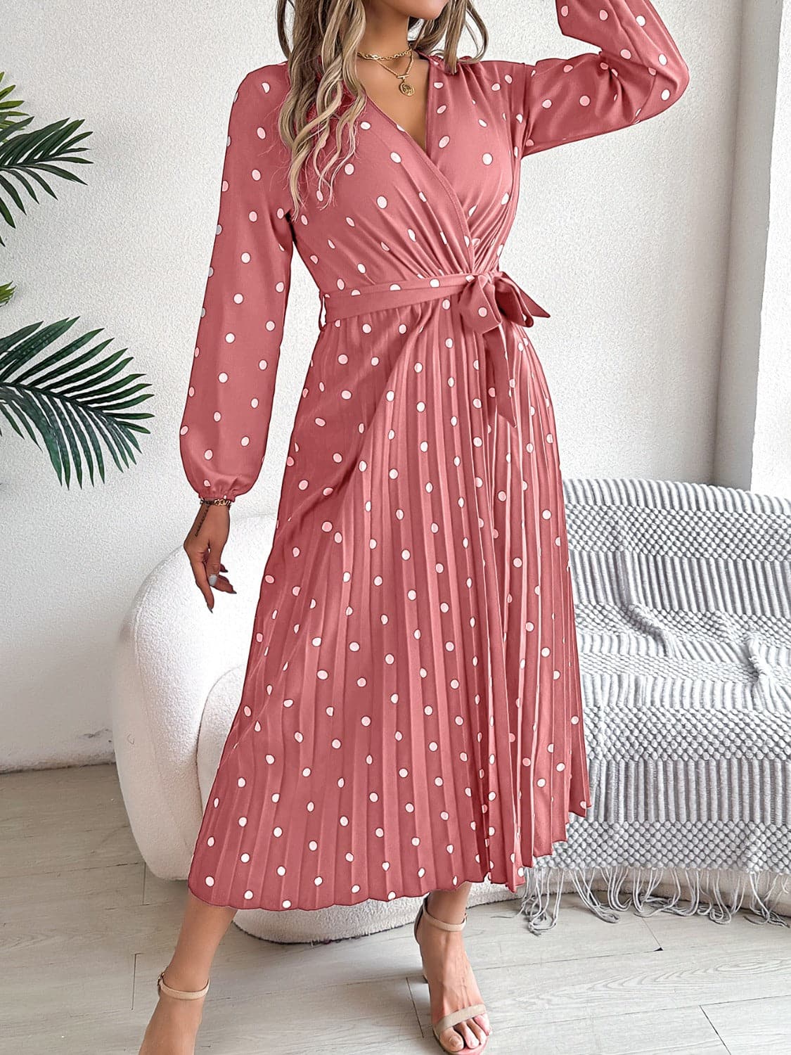 Tied Polka Dot Long Sleeve Midi Dress.