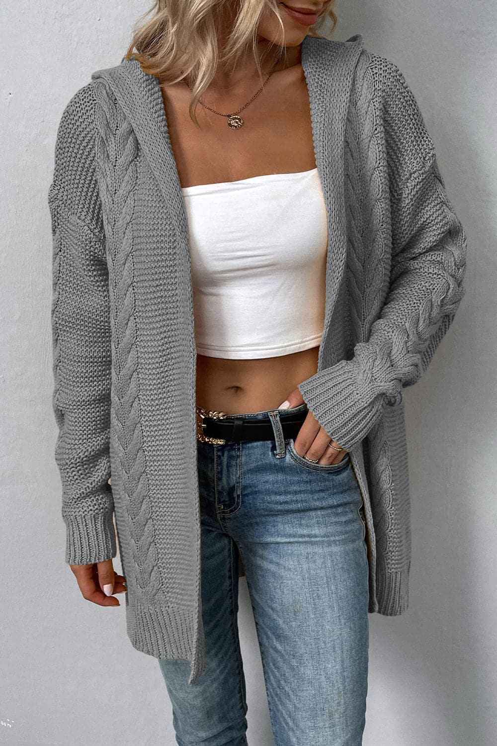 Cable-Knit Dropped Shoulder Hooded Cardigan.