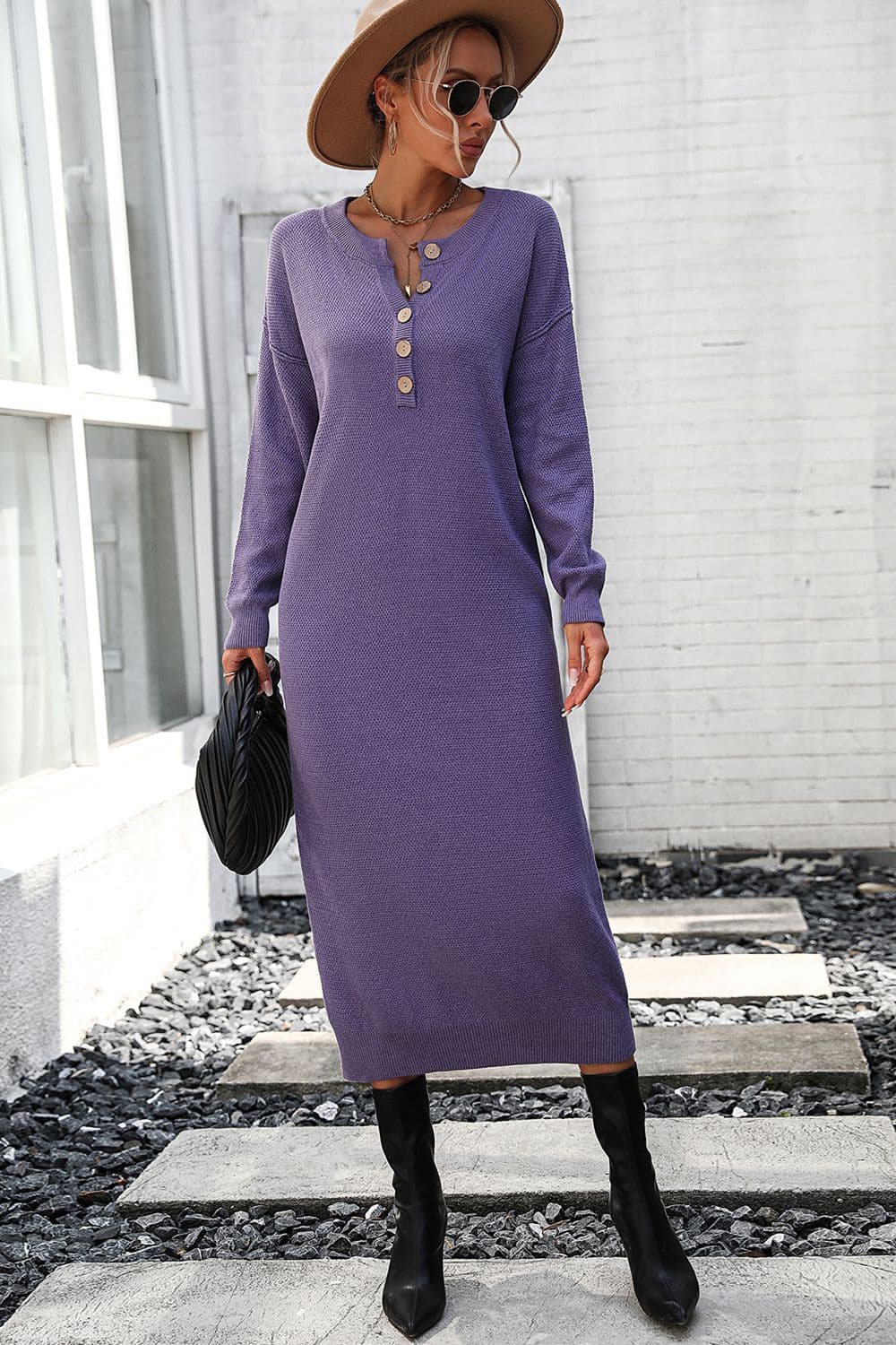 Decorative Button Notched Dropped Shoulder Sweater Dress.