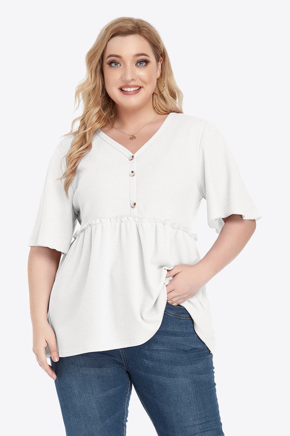 Plus Size Buttoned V-Neck Frill Trim Babydoll Blouse.