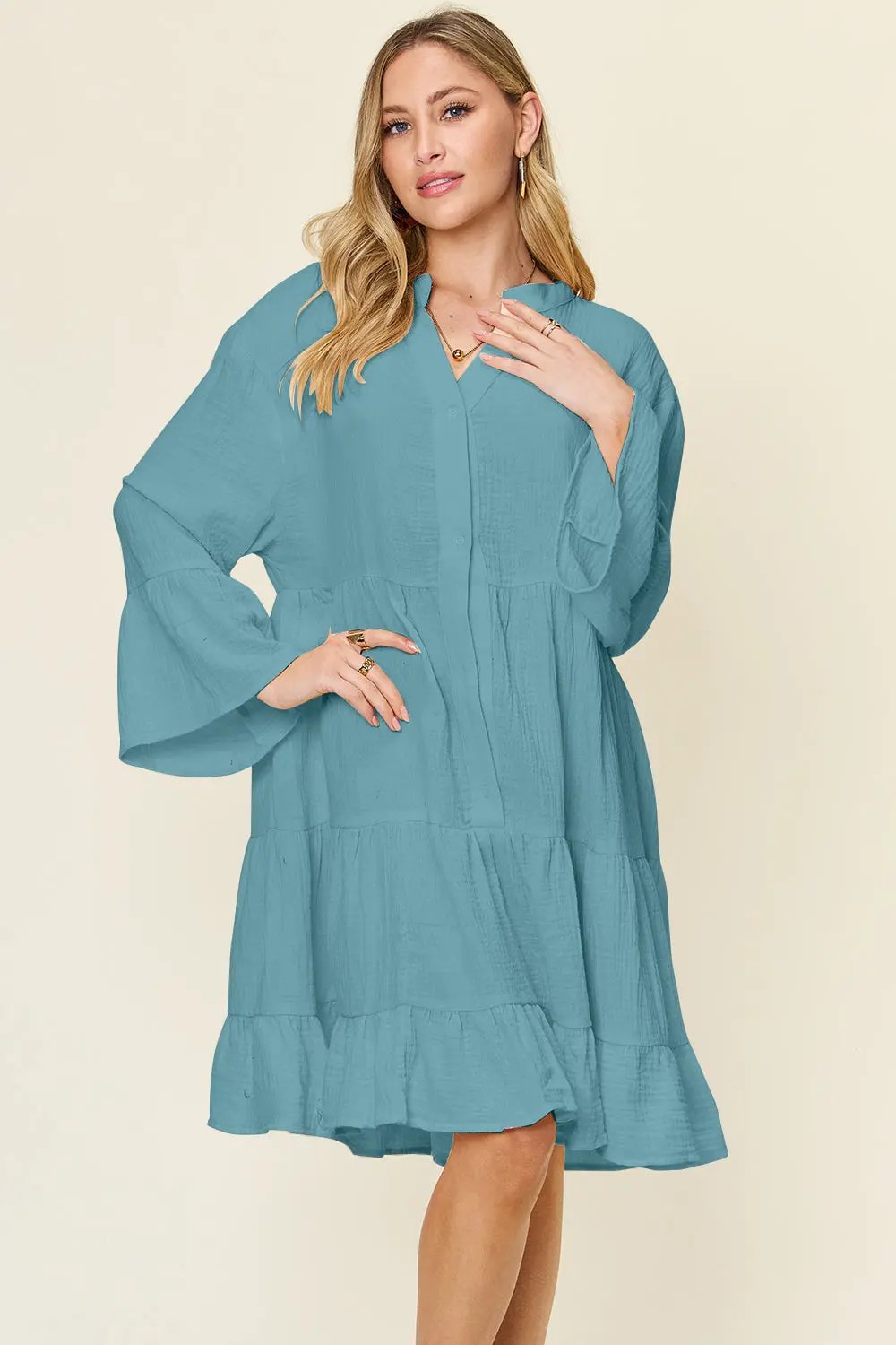 Double Take Full Size Texture Button Up Ruffle Hem Dress - Love Salve
