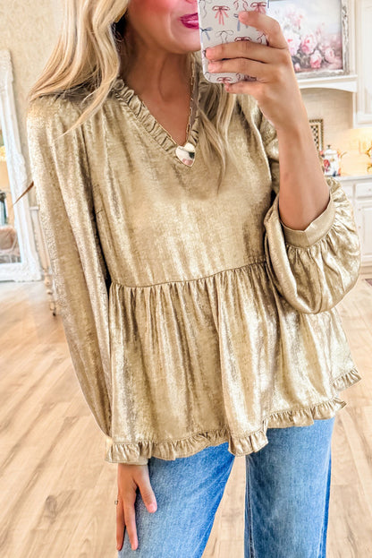 Gold Metallic Frilled V Neck Puff Sleeve Babydoll Blouse