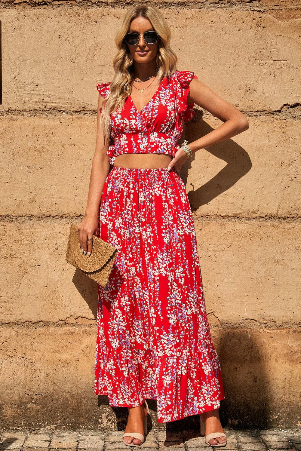 Printed Tie Back Cropped Top and Maxi Skirt Set.