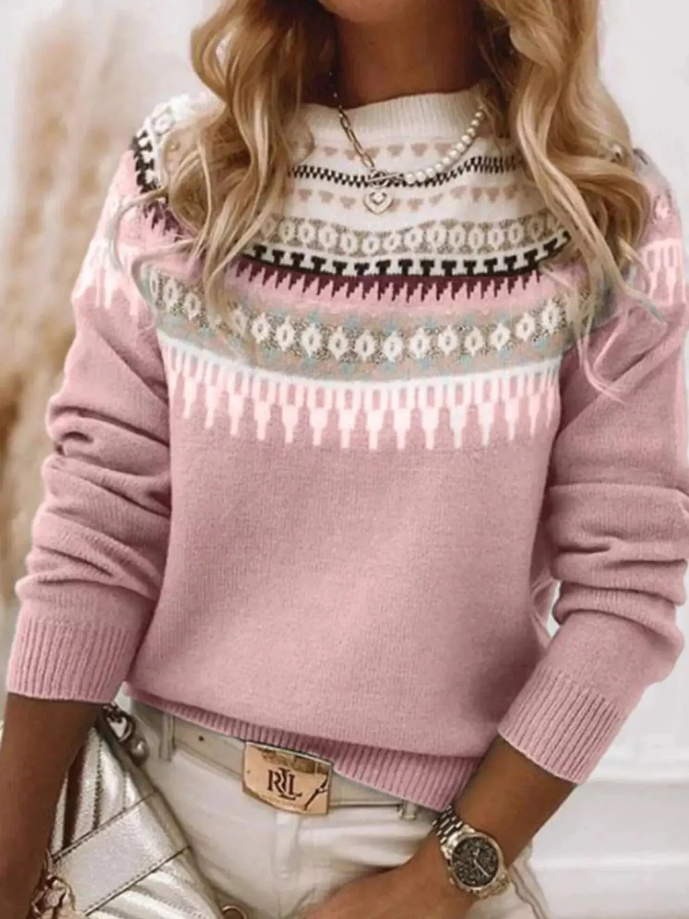 Full Size Vintage Patterned Round Neck Sweater Plus Size Simply Love