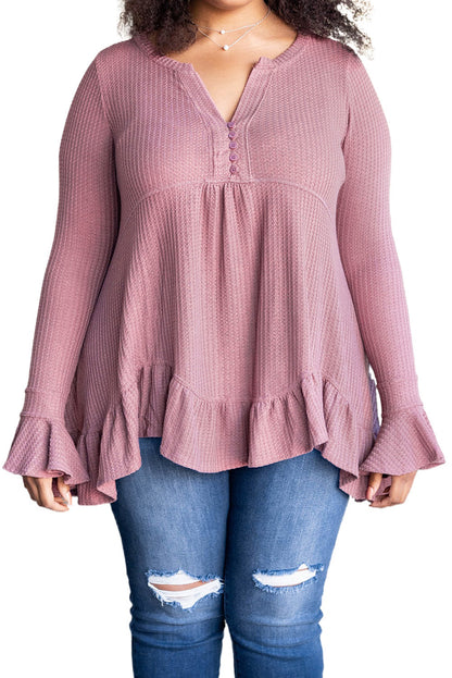 Chic pink plus size ruffled babydoll top in waffle knit