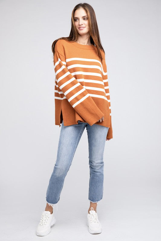 Ribbed hem striped sweater - cozy chic