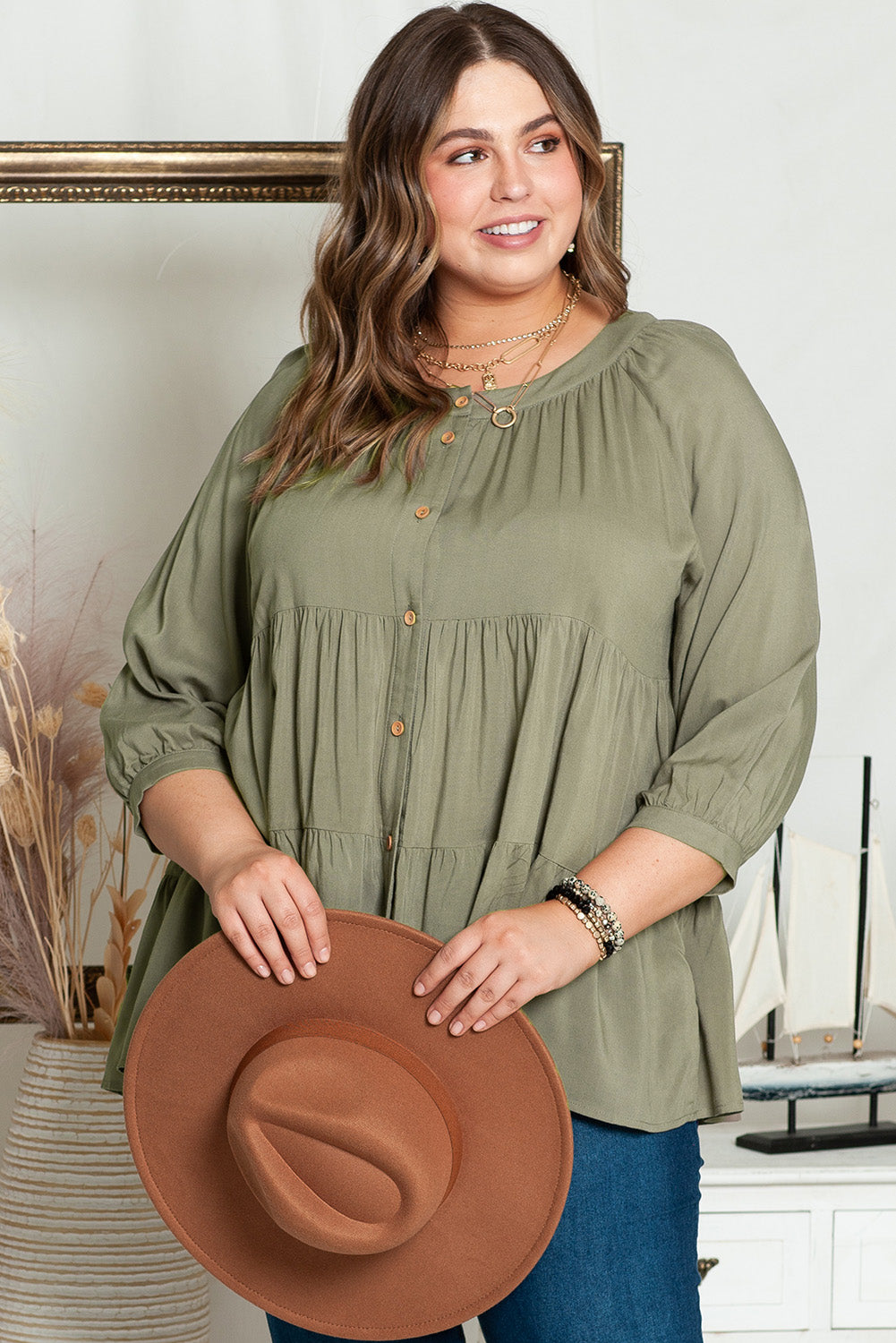 Elegant Green Plus Size Ruffle Tiered Top with Split Neckline