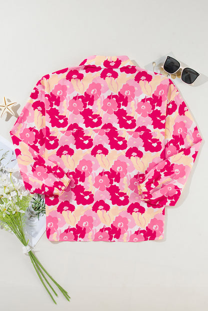 Chic pink floral puff sleeve button-up shirt