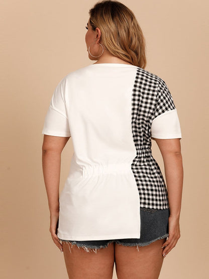 Plus Size Gingham Color Block Asymmetrical T-Shirt.