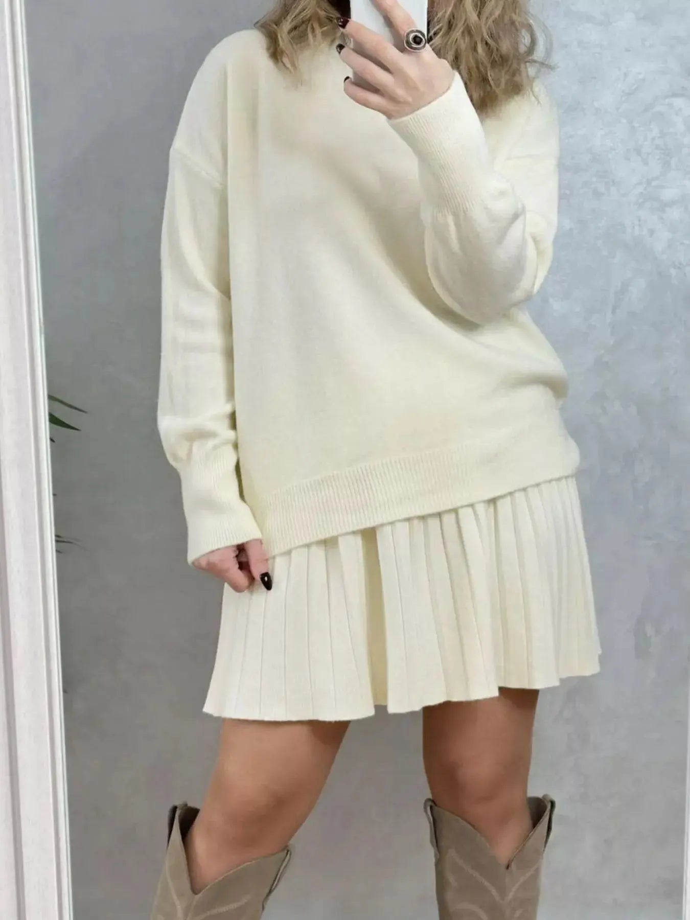 Round Neck Top and Pleated Skirt Sweater Set Simply Love
