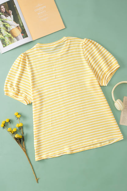 Chic yellow striped puff sleeve plus size jumper