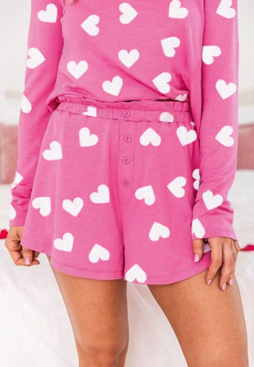 Chic Heart Print Long Sleeve Top and Comfy Elastic Waist Shorts Set