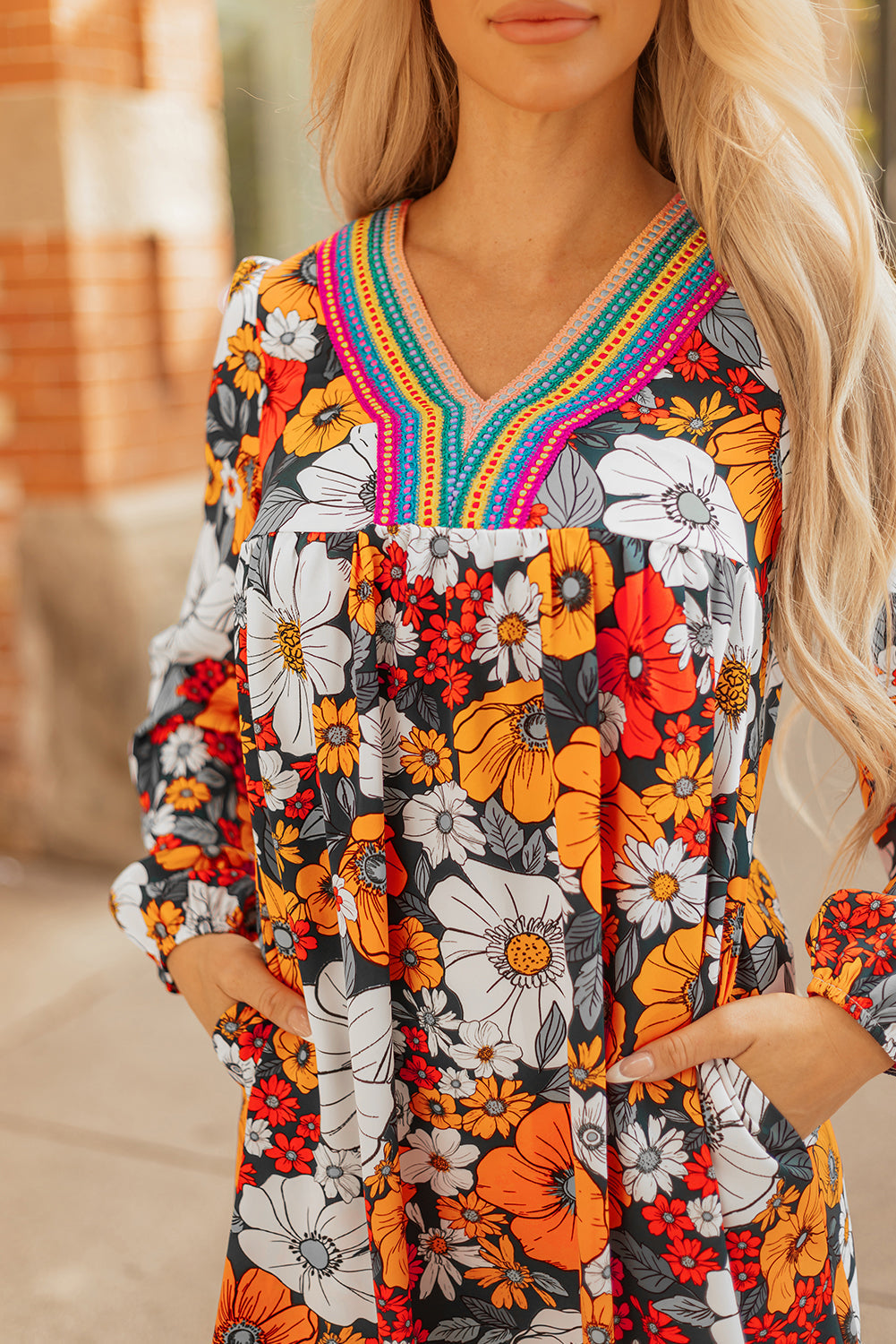 Orange Floral Print Lace V Neck Long Sleeve Mini Dress Dear-Lover Dropshipping