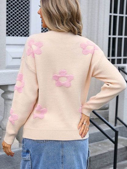 Flower Round Neck Long Sleeve Sweater.