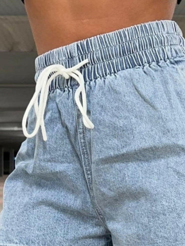 Drawstring High Waist Denim Shorts.