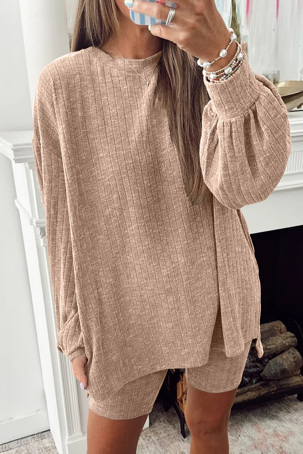 Dark Khaki Ribbed Balloon Sleeve Pullover Top and Biker Knitted Short Set Dear-Lover Dropshipping