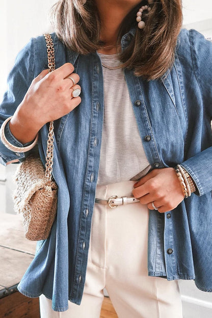 Button Up Collared Neck Denim Jacket.