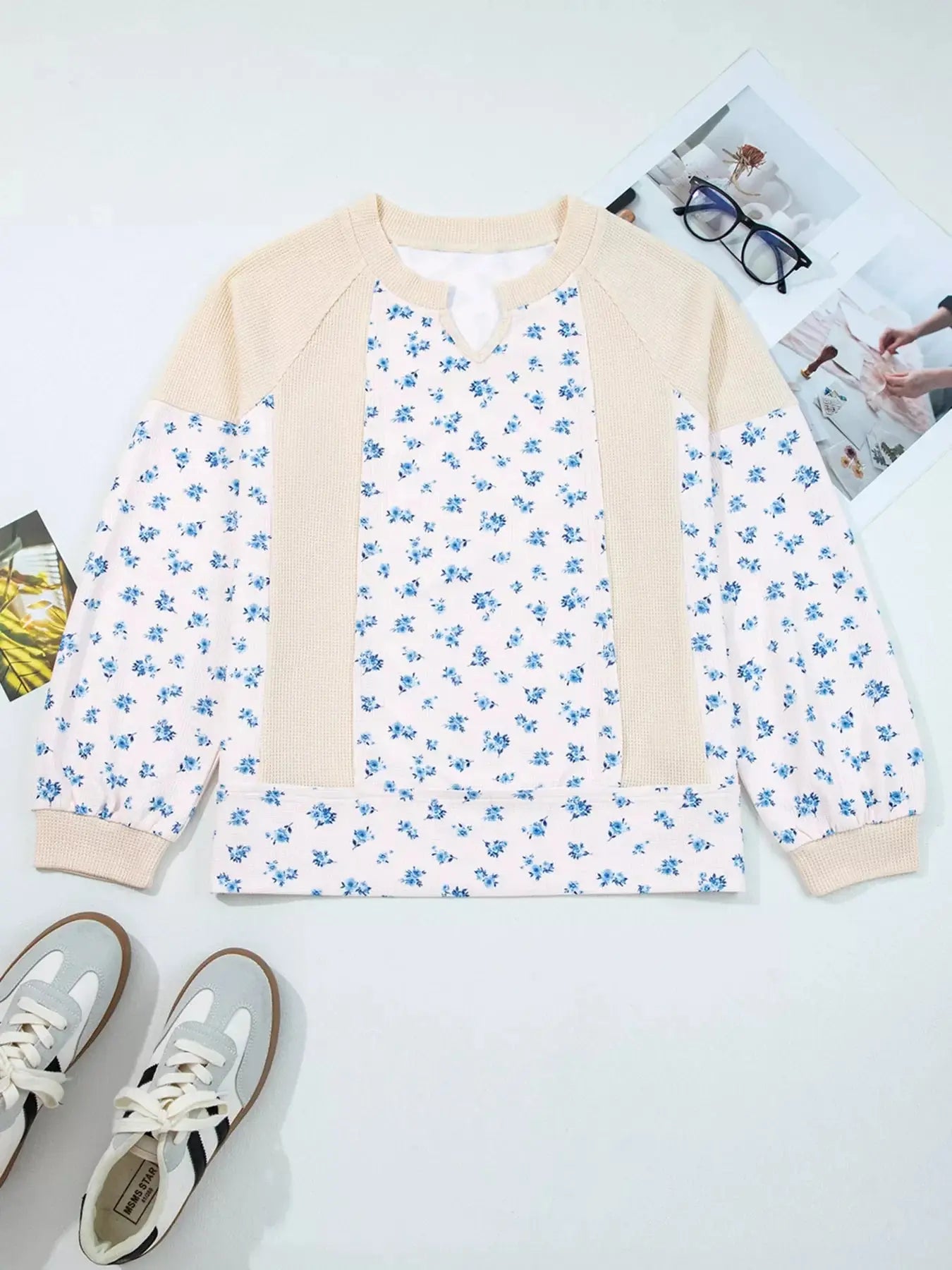 Waffle Knit Floral Color Block Patchwork Balloon Sleeves Oversized Top Simply Love