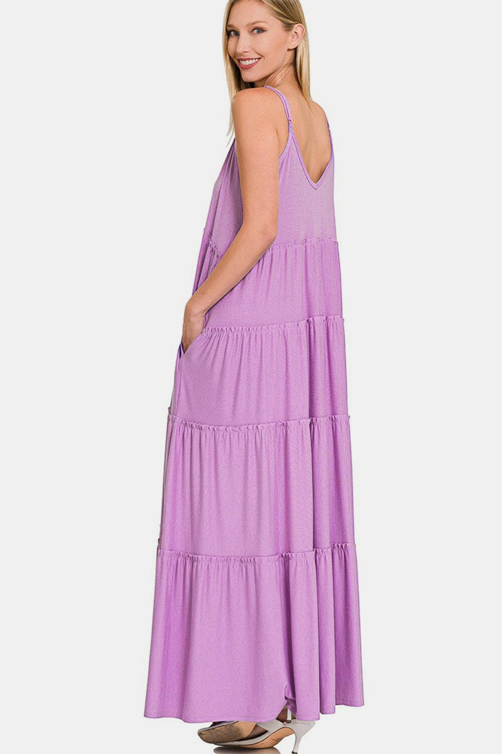 Zenana Frill Tiered V-Neck Maxi Cami DressZenana Frill Tiered V-Neck Maxi Cami Dress
 Embrace elegance and sophistication with the Zenana Frill Tiered V-Neck Maxi Cami Dress. This stunning dress is designed Love Salve -Neck Maxi Cami Dressusa