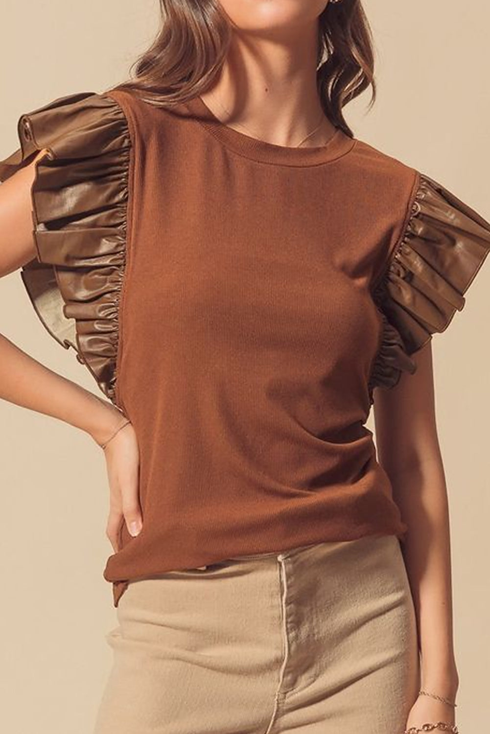 Cinnamon Ruffle Sleeve Faux Leather Round Neck Blouse