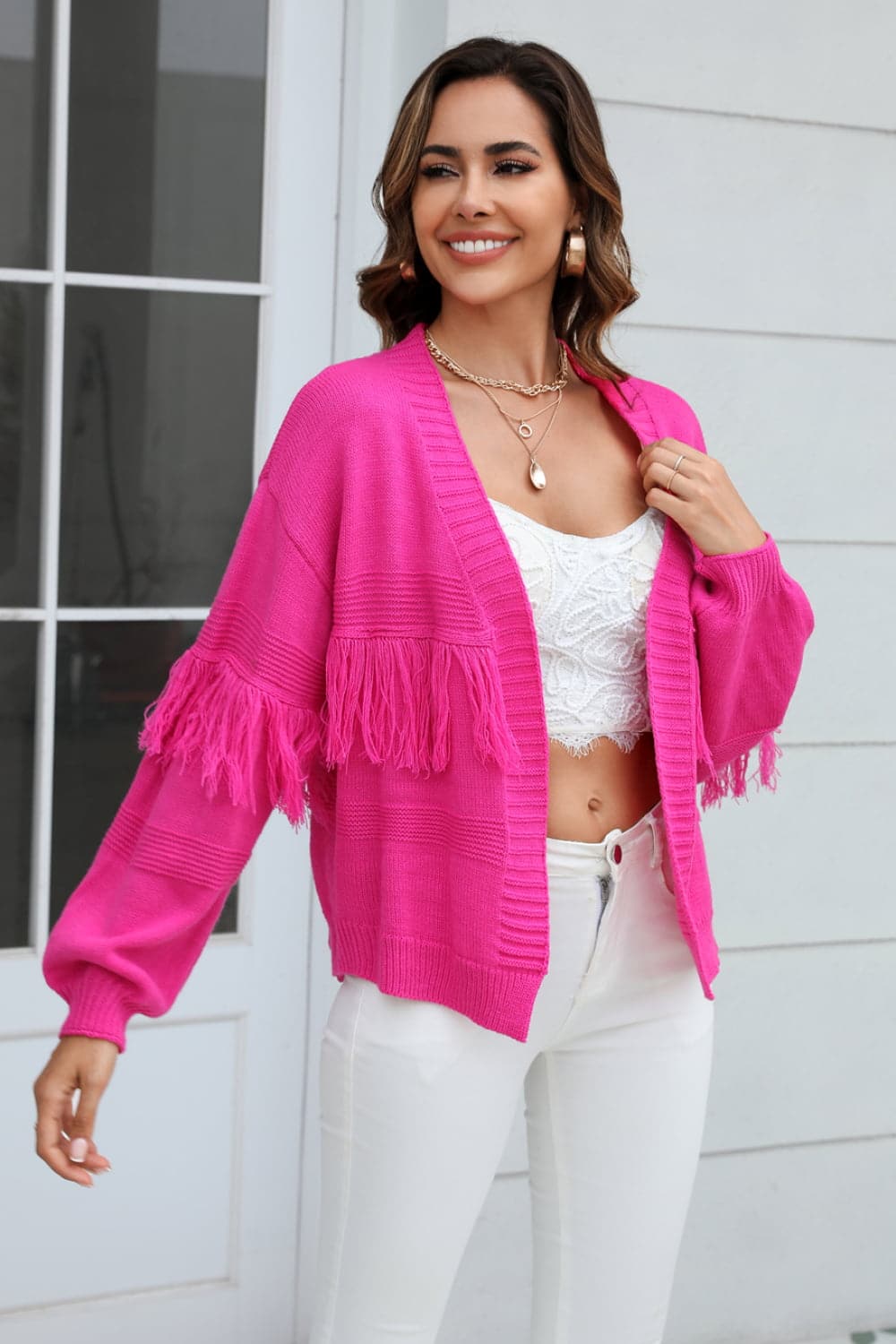 Fringe Trim Open Front Cardigan.