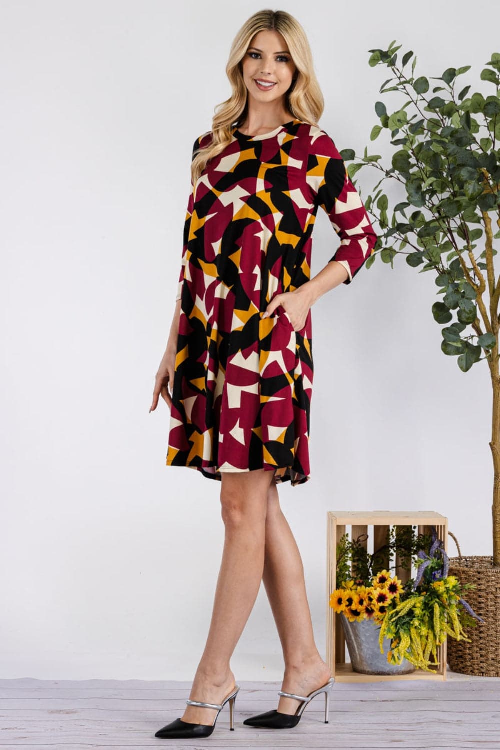 Celeste Full Size Geometric Round Neck Dress with Pockets.