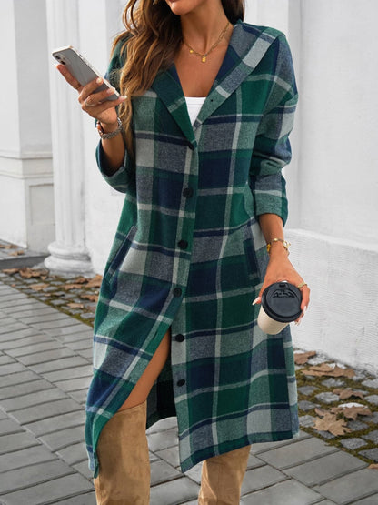 Chic plaid hooded coat with pockets