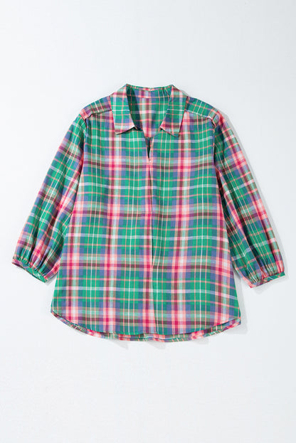 Casual green plaid 3/4 sleeve button-up shirt